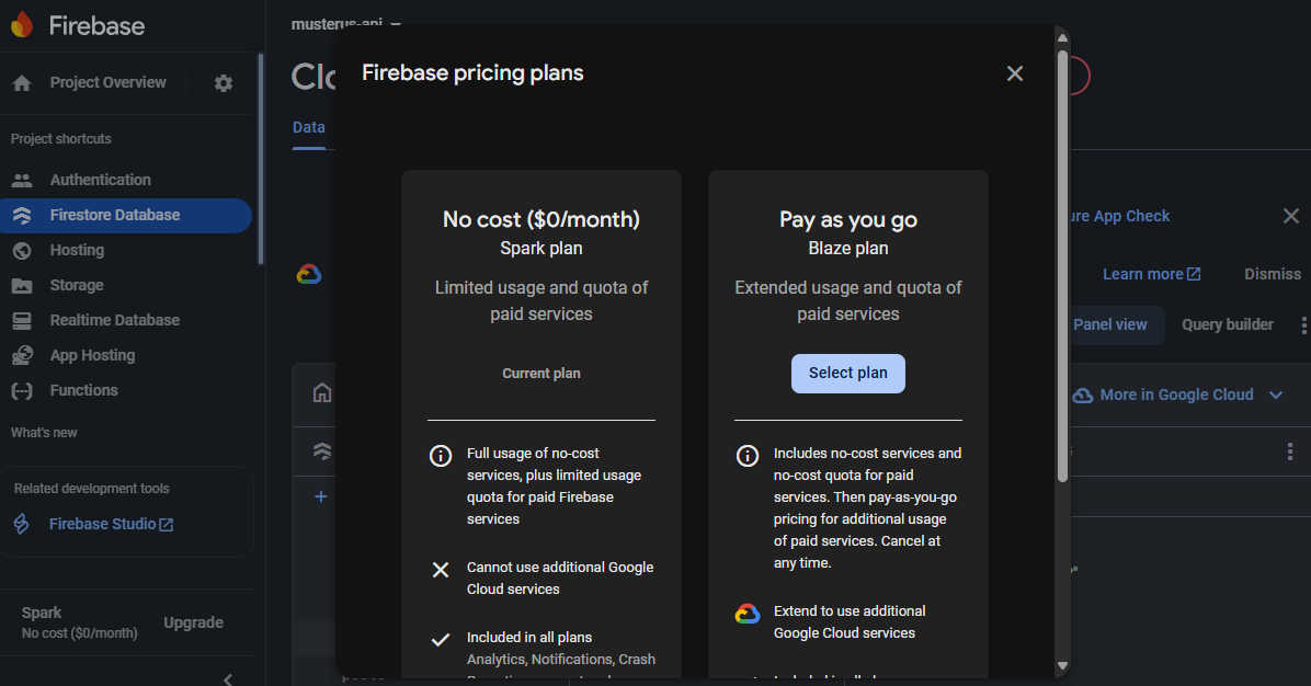 Firebase console billing page showing Blaze plan requirement
